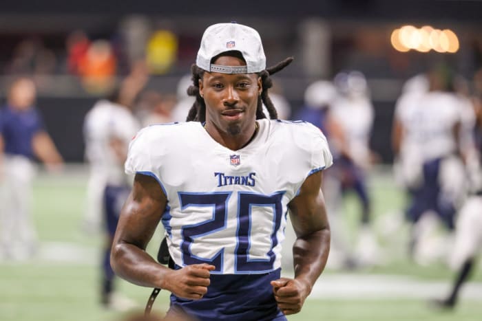 Aug 13, 2021; Atlanta, Georgia, USA; Tennessee Titans cornerback Janoris Jenkins (20) jogs off of the field after their game against the Atlanta Falcons at Mercedes-Benz Stadium. Mandatory Credit: Jason Getz-USA TODAY Sports